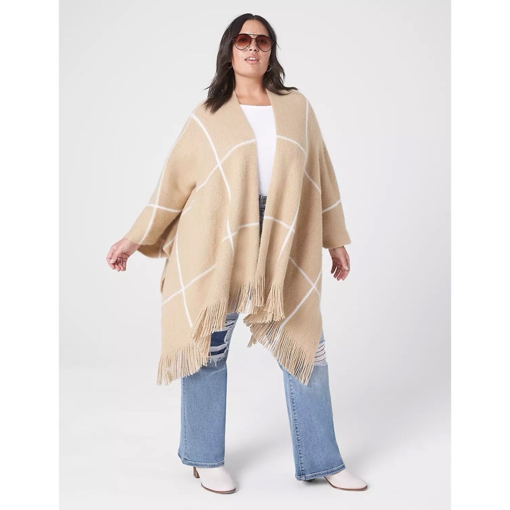 Lane Bryant Window Pane Open-Front Poncho Wrap Sweater Camel Fringe 14-20